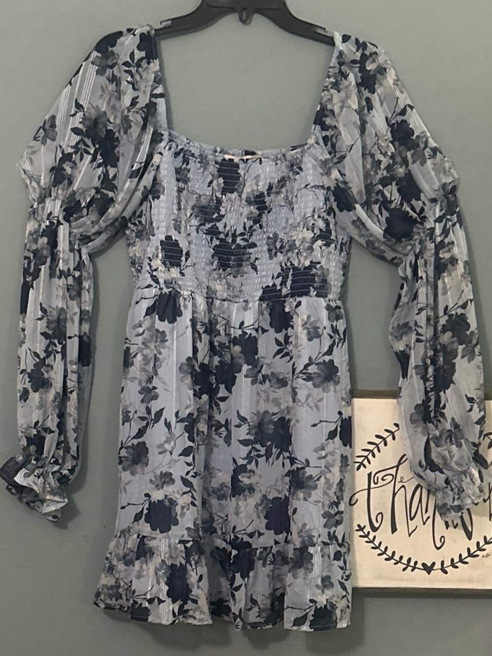 Francesca's Blue Floral Smocked Square-Neck Mini Dress